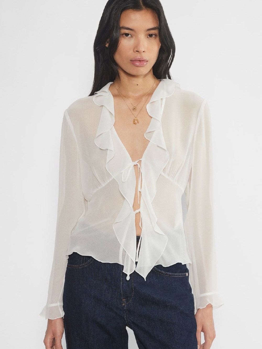 Aritzia Wilfred Frenchy Blouse Light Birch Ruffle Tie Front Size XL
